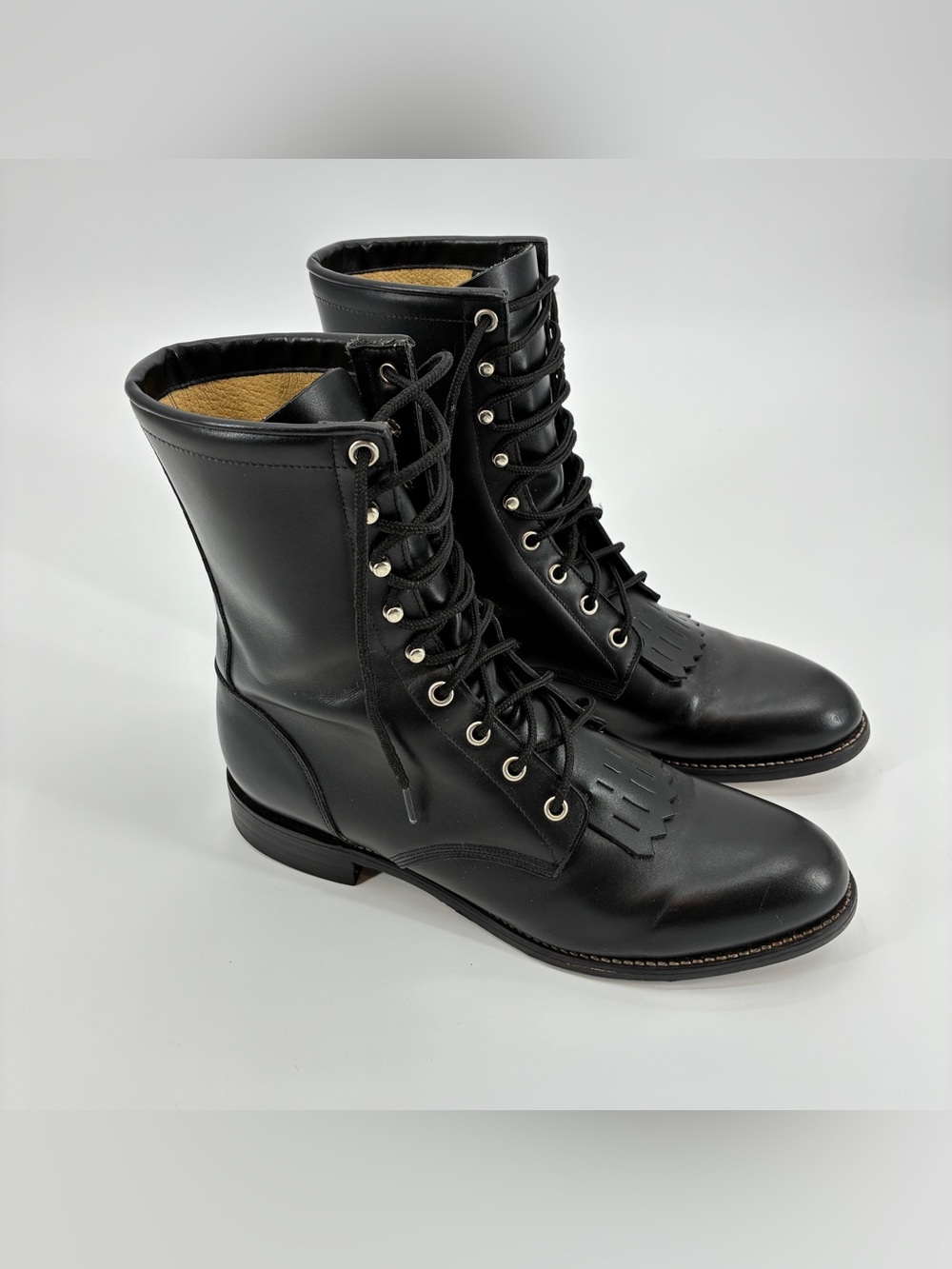 Justin Men’s Lace Up Kiltie Roper Leather Boots Western Black Size 9D